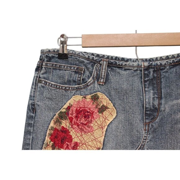 Y2K Express Denim Skirt Size 12 Patchwork Floral Corduroy Boho Festival Artsy - Picture 4 of 12